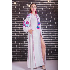 Boho Style Embroidered Maxi Dress "Flowers" White with Pink/Blue Embroidery